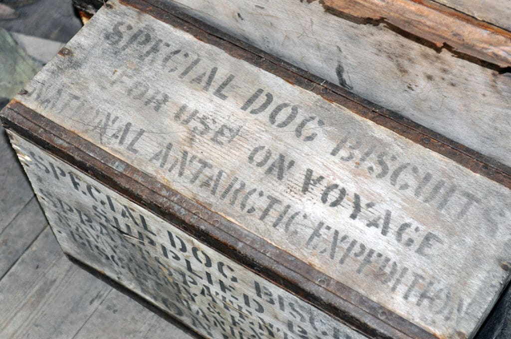 Wooden crate labeled 'Special Dog Biscuits'