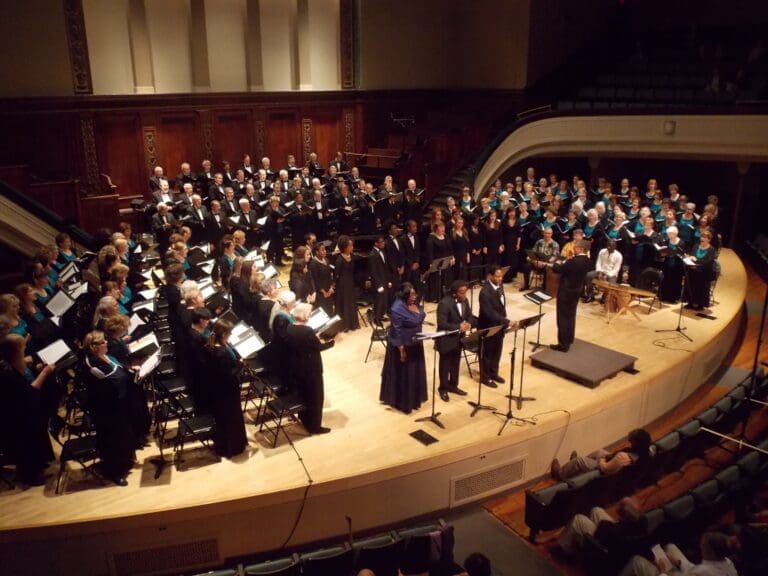 Choir performing in a concert hall.